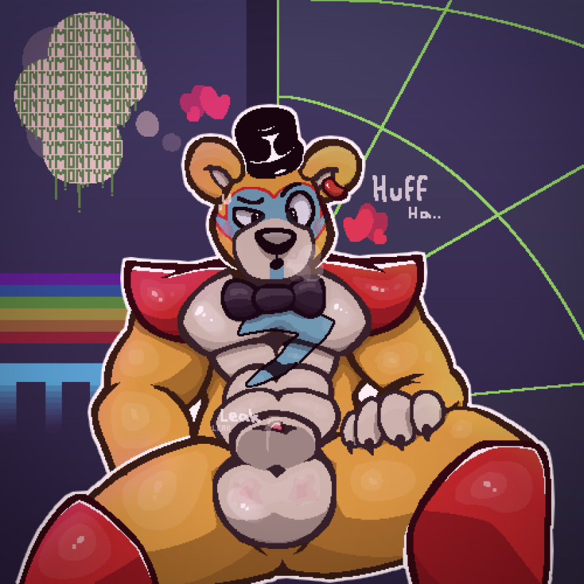 &lt;3 abs absurd_res animal_genitalia anthro balls bear big_balls blue_body blush bodily_fluids bodypaint bow_tie brown_body clothing confusion cum cum_on_self digital_media_(artwork) ear_piercing ear_ring face_paint five_nights_at_freddy's five_nights_at_freddy's:_security_breach flaccid fur genital_fluids genitals glamrock_freddy_(fnaf) glistening glistening_body hand_on_leg hat headgear headwear hi_res jewelry looking_down looking_pleasured male mammal muscular muscular_anthro muscular_male nude onomatopoeia open_mouth orange_body orange_fur pecs penis piercing pixel_(artwork) precum purple_background rainbow red_clothing ring_piercing scottgames sheath shirtless shoulder_pads simple_background sitting solo sound_effects spyromancer sweat tan_balls tan_body tan_fur tan_sheath text thought_bubble top_hat