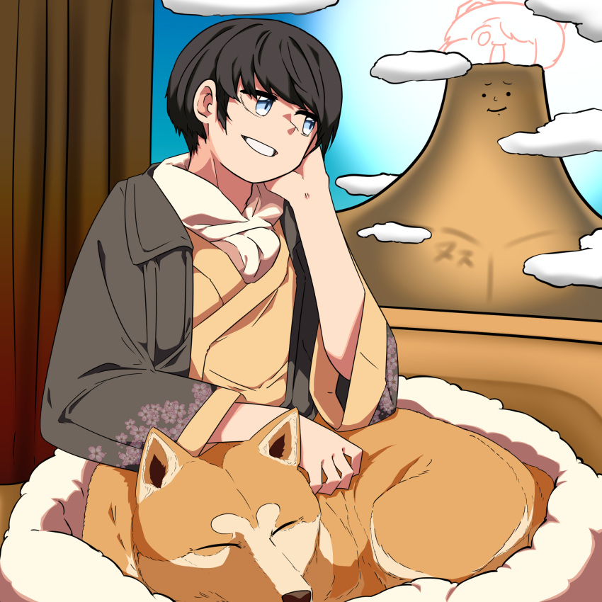 1boy akita_inu black_hair black_jacket black_survival blue_eyes blue_sky cloud commentary_request dog grin hand_in_own_hair haori highres jacket japanese_clothes kimono kurodani_yamame looking_afar looking_outside male_focus rinyamame short_hair sky smile solo touhou yellow_kimono yuki_(black_survival)