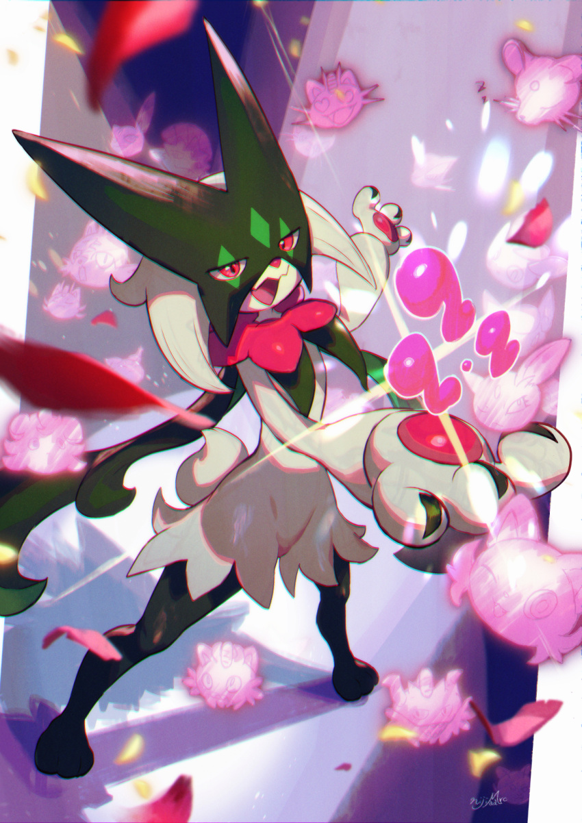 1other :d blurry claws commentary_request falling_petals furry highres legs_apart meowscarada nijimaarc open_mouth petals pokemon pokemon_(creature) red_eyes signature smile standing tongue