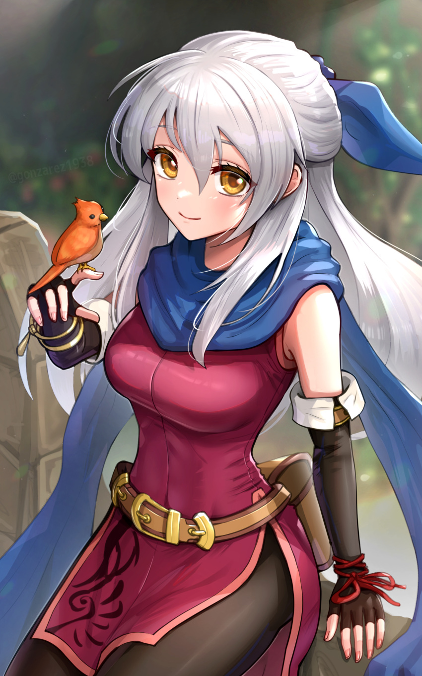 1girl absurdres bare_shoulders belt bird bird_on_hand black_gloves black_pantyhose blue_ribbon breasts brown_belt dress elbow_gloves fire_emblem fire_emblem:_radiant_dawn gloves gonzarez hair_ribbon highres large_breasts long_hair looking_at_viewer micaiah_(fire_emblem) pantyhose red_dress ribbon sleeveless sleeveless_dress smile solo very_long_hair white_hair yellow_eyes yune_(fire_emblem)