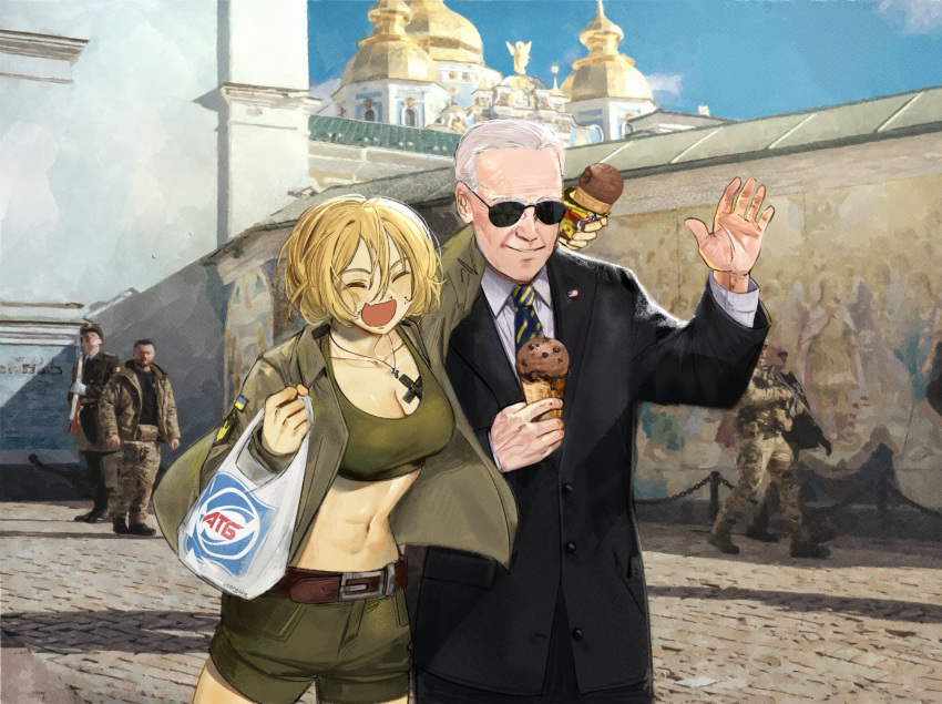 1girl 5boys ^_^ bag bangs belt black_jacket black_pants blonde_hair blue_necktie breast_tattoo breasts brown_belt church closed_eyes company_name cross cross_necklace food green_shorts green_tank_top hair_between_eyes hand_up highres ice_cream ice_cream_cone jacket jewelry joe_biden large_breasts logo marichka midriff military military_jacket military_uniform multiple_boys navel necklace necktie open_mouth original pants plastic_bag politician real_life real_world_location shirt short_hair shorts smile sunglasses tank_top tattoo ukrainian_flag uniform usergore waving white_hair white_shirt yellow_necktie