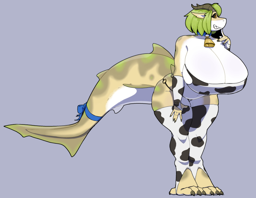 4_toes animal_print anthro big_breasts big_tail black_sclera bow_ribbon breasts cow_print cowbell feet female fish green_hair hair hellisreal hi_res horn huge_breasts lemon_shark marine requiem_shark shark sharp_teeth solo tail teeth toes yellow_eyes yph_(hellisreal)