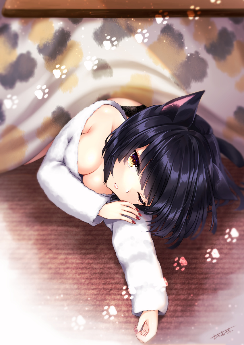 1girl absurdres animal_ear_fluff animal_ears black_hair breasts brown_eyes cat_ears cat_girl cat_tail cleavage commentary_request highres kotatsu long_sleeves looking_at_viewer lying medium_breasts nail_polish off-shoulder_shirt off_shoulder omoomomo on_floor on_side one_eye_closed original parted_lips red_nails shirt solo table tail white_shirt