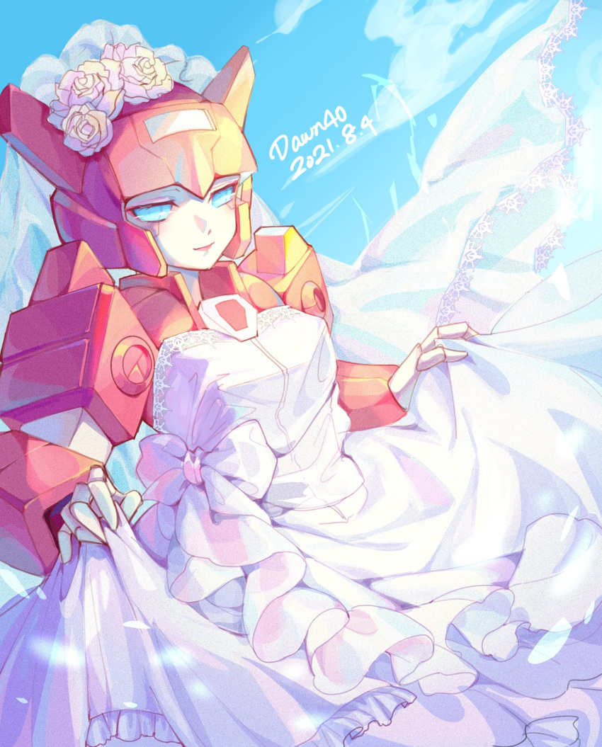 1girl artist_name azuredawn40 blue_eyes breasts bridal_veil clothed_robot clothes_lift cloud dated dress dress_lift elita_one flower highres looking_at_viewer mecha robot sky small_breasts smile solo strapless strapless_dress transformers veil wedding_dress white_flower