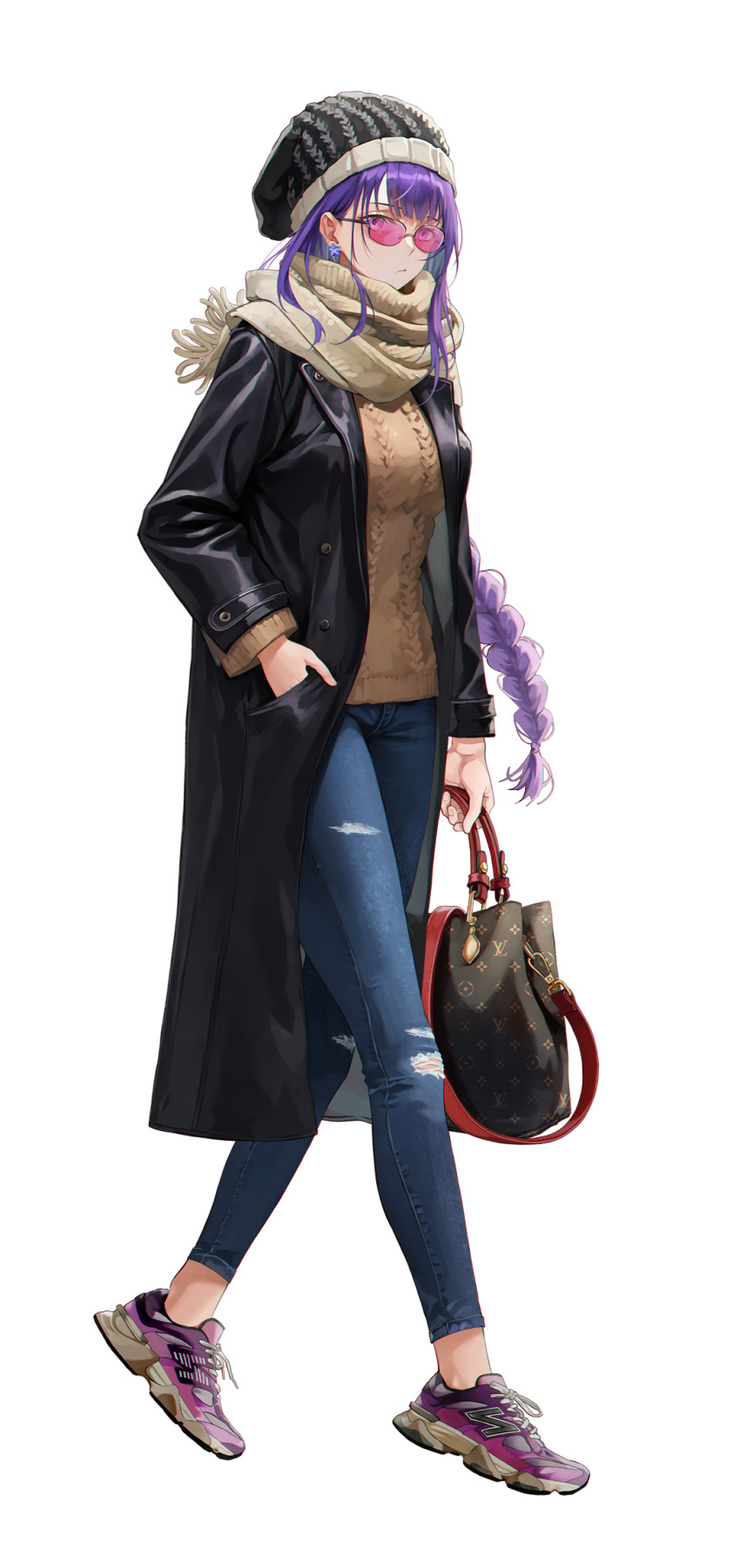1girl alternate_costume bag bangs bbburger beanie black_bag black_coat black_headwear braid braided_ponytail breasts brown_scarf brown_sweater buttons cable_knit closed_mouth coat contemporary denim earrings flower_earrings fringe_trim full_body genshin_impact hair_behind_ear hand_in_pocket handbag hat highres holding holding_bag invisible_floor jeans jewelry long_hair long_sleeves looking_at_viewer louis_vuitton_(brand) medium_breasts multicolored_footwear open_clothes open_coat pants pink-tinted_eyewear purple_eyes purple_footwear raiden_shogun scarf shoes sidelocks simple_background single_braid sneakers solo sunglasses sweater tachi-e tinted_eyewear torn_clothes torn_jeans torn_pants very_long_hair walking white_background winter_clothes