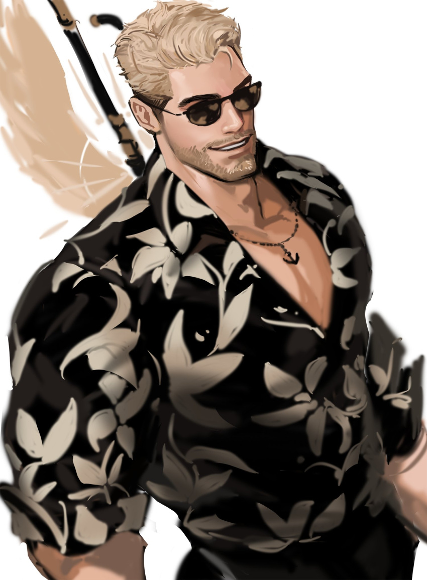 1boy bara black_pants black_shirt blonde_hair dopey_(dopq) facial_hair floral_print highres jewelry large_pectorals lost_ark male_focus muscular muscular_male necklace original pants pectorals shirt short_hair sleeves_rolled_up smile solo sunglasses upper_body