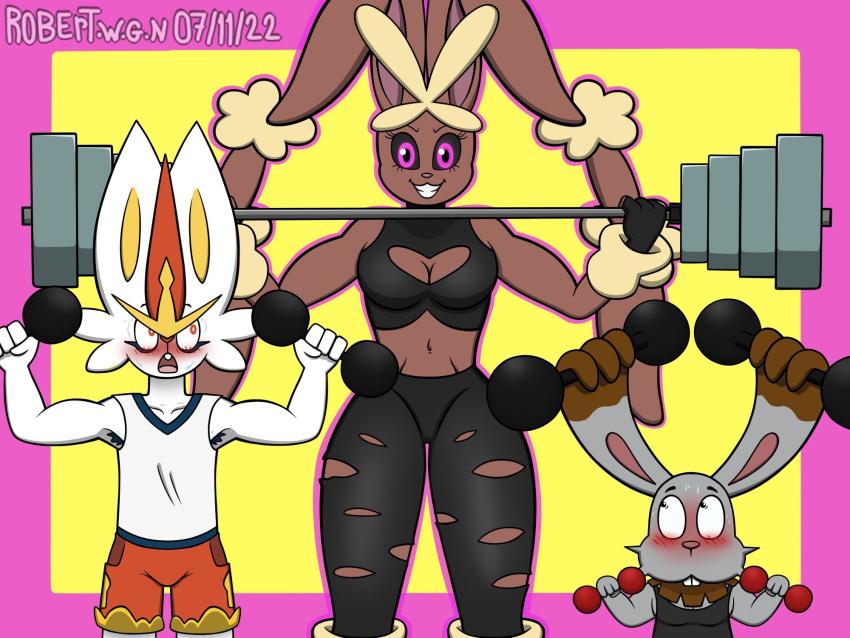 blush bottomwear breasts bunnelby cinderace cleavage cleavage_cutout clothed clothing exercise female generation_6_pokemon generation_8_pokemon hi_res male mega_evolution mega_lopunny nintendo pants pokemon pokemon_(species) roberto_wanderley_guarino_neto weightlifting workout yoga_pants