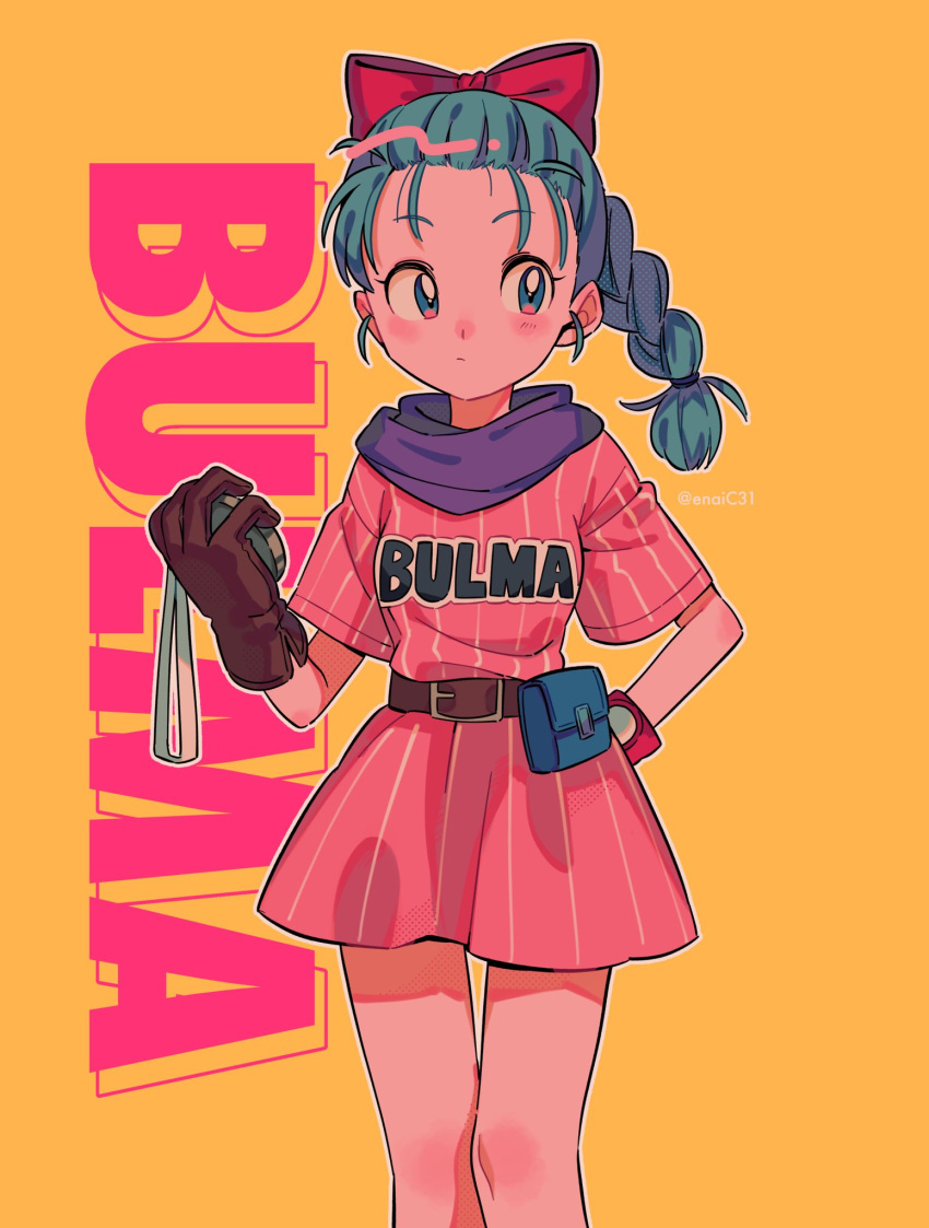 1girl belt blue_eyes blue_hair blush bow braid braided_ponytail breasts bulma character_name dragon_ball dragon_ball_(classic) dragon_radar dress expressionless fanny_pack gloves hair_bow hand_on_hip hand_up highres holding legs_together long_hair looking_to_the_side menma_(enaic31) nose_blush orange_background petite pink_dress purple_scarf red_bow scarf short_sleeves simple_background small_breasts solo twitter_username