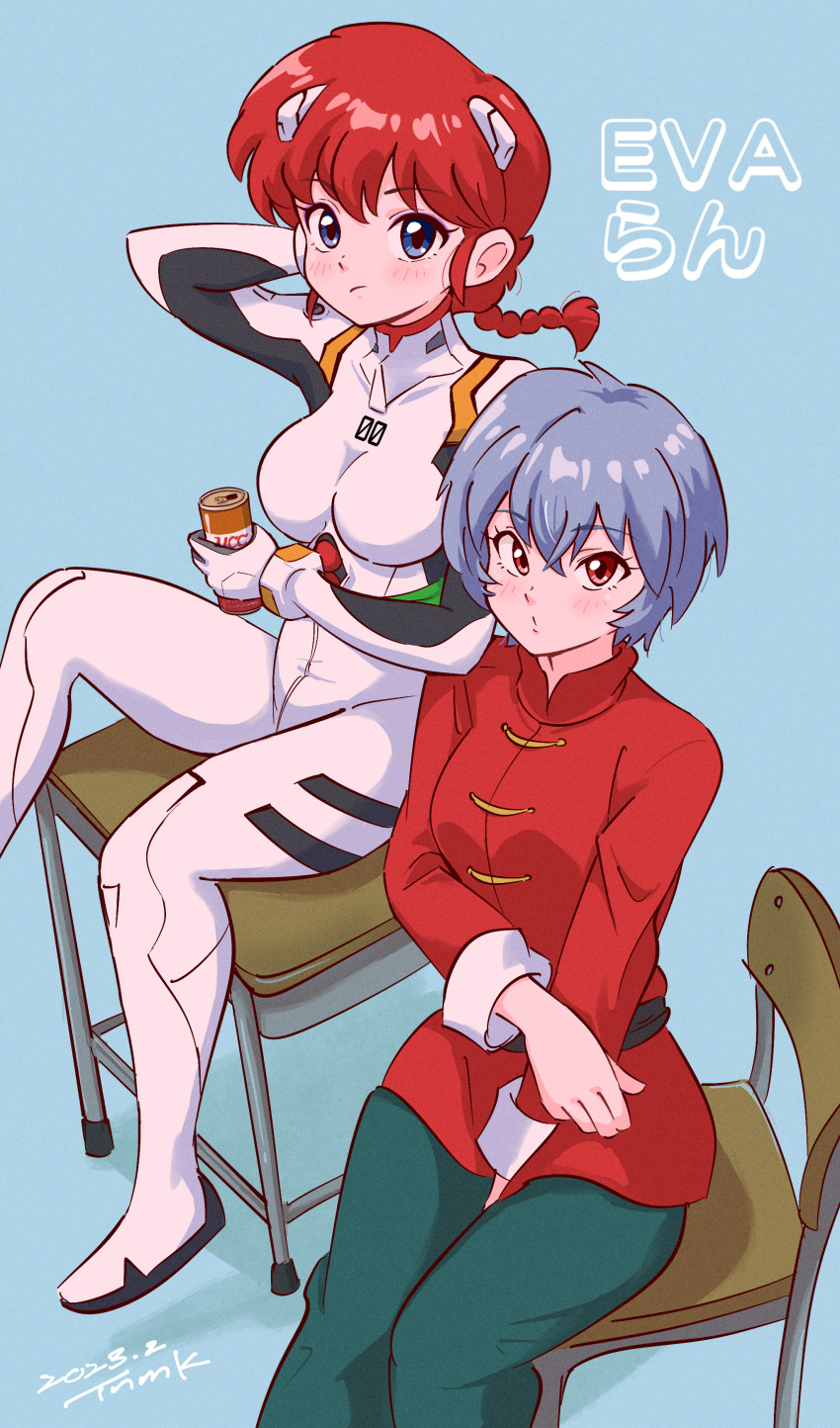 2girls absurdres ayanami_rei ayanami_rei_(cosplay) blue_eyes blue_hair bodysuit braid braided_ponytail breasts chair chinese_clothes cosplay costume_switch desk hairpods hayashibara_megumi highres interface_headset medium_breasts multiple_girls neon_genesis_evangelion on_desk pilot_suit plugsuit ranma-chan ranma-chan_(cosplay) ranma_1/2 red_eyes red_hair school_chair school_desk short_hair sitting sitting_on_desk tangzhuang tsunemoku voice_actor_connection white_bodysuit