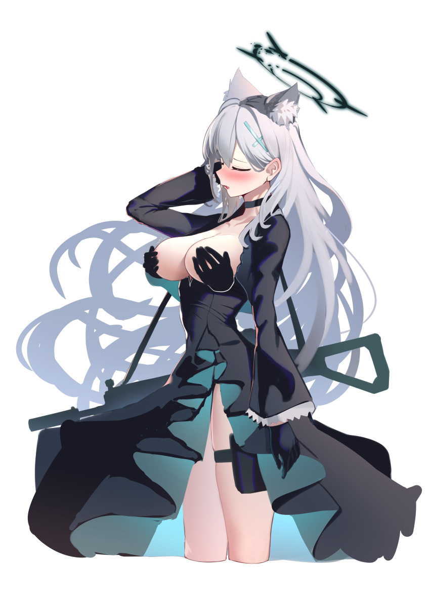 1girl absurdres animal_ears arm_up black_choker black_dress black_gloves blue_archive blush breast_grab breasts breasts_out choker closed_eyes cropped_legs disembodied_limb dress extra_ears from_side gloves grabbing grey_hair gun hair_ornament halo hand_in_own_hair highres large_breasts long_hair long_sleeves nipples nose_blush open_mouth pelvic_curtain shiroko_(blue_archive) shiroko_(terror)_(blue_archive) simple_background skindentation thigh_strap very_long_hair weapon white_background wolf_ears xintianou