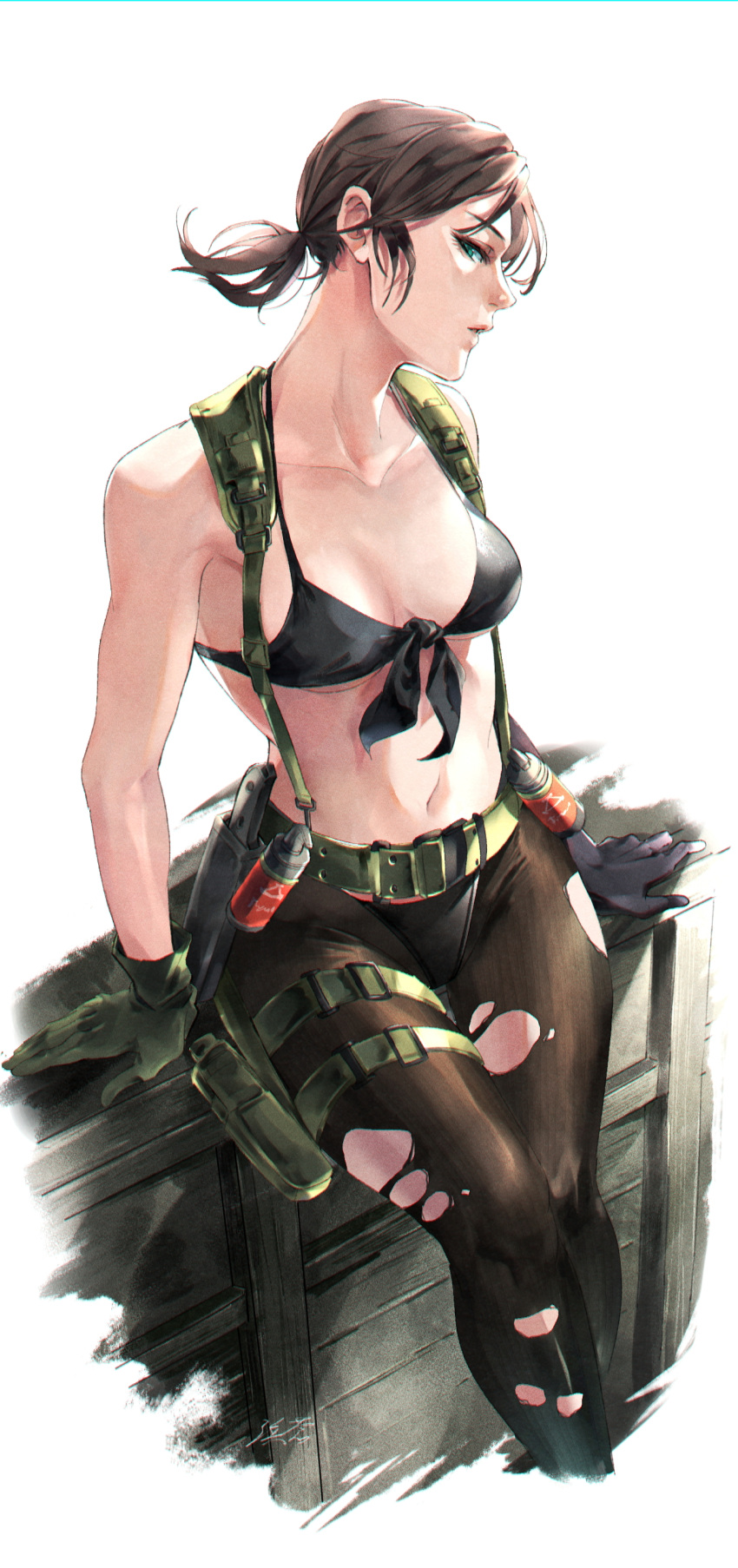 1girl absurdres belt bikini black_bikini black_pantyhose blue_eyes breasts brown_hair collarbone crate explosive front-tie_bikini_top front-tie_top gloves green_gloves grenade h_(nxbfn779) highres knife_holster medium_breasts metal_gear_(series) metal_gear_solid_v:_the_phantom_pain navel nose pantyhose quiet_(metal_gear) short_hair short_ponytail single_glove sitting solo swimsuit thigh_gap thigh_pouch thigh_strap torn_clothes torn_pantyhose underboob