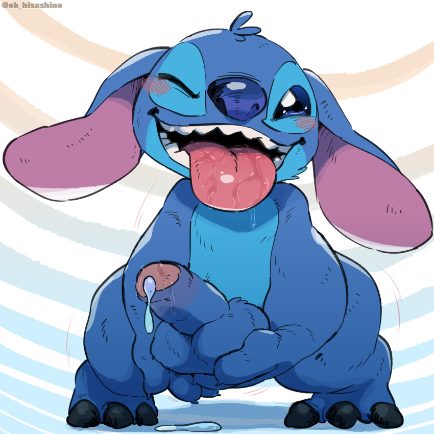 alien balls bodily_fluids disney experiment_(lilo_and_stitch) genitals hi_res hisashino lilo_and_stitch male one_eye_closed penis solo stitch_(lilo_and_stitch) tongue tongue_out wink
