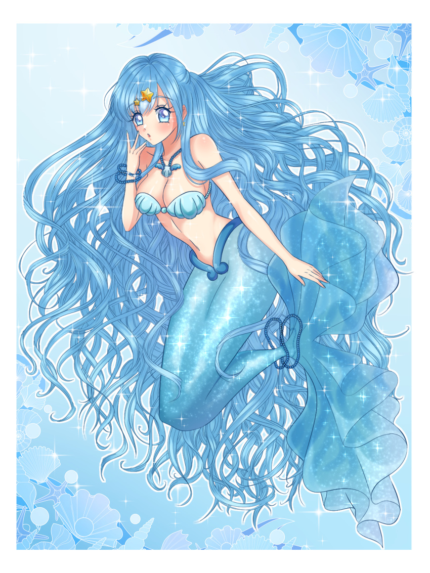 1girl absurdly_long_hair absurdres bangs bare_shoulders blue_background blue_eyes blue_hair bracelet breasts cleavage collarbone commentary earrings full_body hair_between_eyes hair_ornament hand_up highres houshou_hanon houshou_hanon_(mermaid) jewelry long_hair looking_at_viewer lpp_bitshies medium_breasts mermaid mermaid_melody_pichi_pichi_pitch monster_girl navel necklace parted_lips pearl_bracelet shell shell_bikini shell_necklace sidelocks solo sparkle star_(symbol) star_earrings star_hair_ornament stomach tail tail_ornament very_long_hair