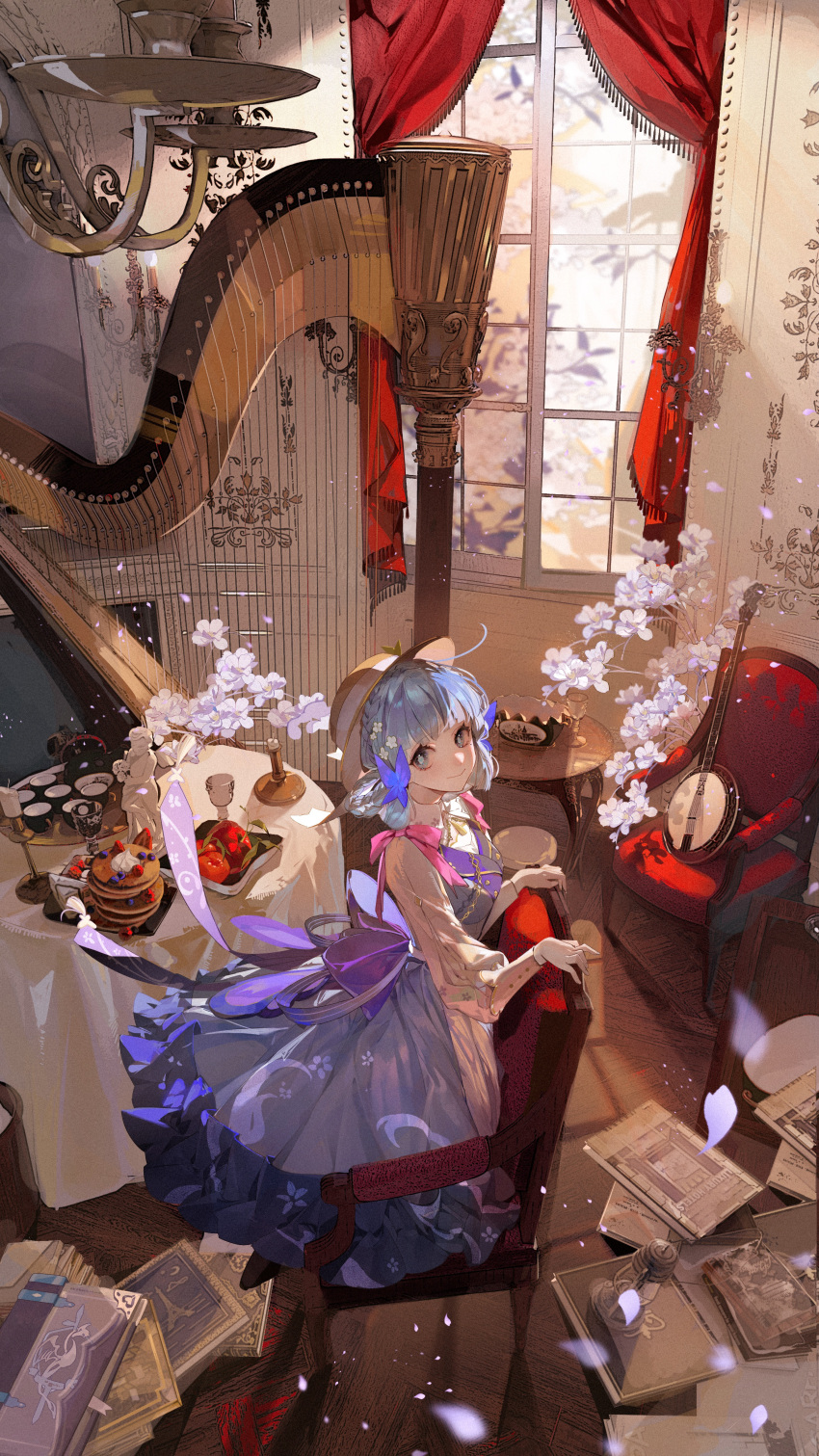 1girl absurdres apple banjo blue_dress blue_eyes blue_hair book brown_headwear candle candlestand chair closed_mouth commentary_request cup curtains dress flower food fruit genshin_impact gloves harp hat highres indoors instrument kamisato_ayaka kamisato_ayaka_(springbloom_missive) kneeling lamp light_blue_hair long_sleeves looking_at_viewer medium_hair multicolored_clothes multicolored_dress official_alternate_hairstyle pancake petals pink_ribbon ribbon smile solo table tablecloth tray white_dress white_gloves wide_shot window xiang_tui_tui
