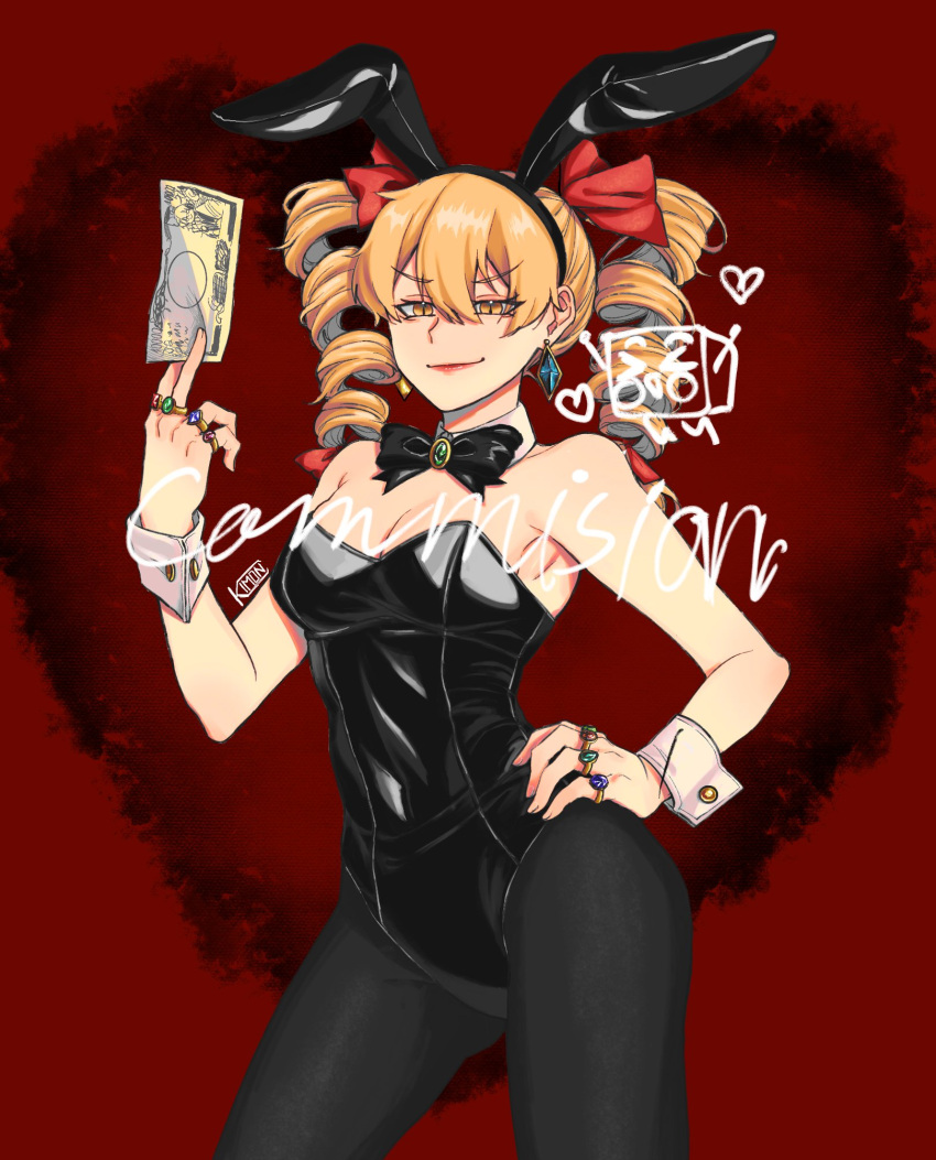 1girl alternate_costume animal_ears bangs bare_shoulders between_fingers black_bow black_bowtie black_leotard bow bowtie breasts brooch cleavage contrapposto covered_navel detached_collar drill_hair fake_animal_ears fingernails hair_between_eyes hand_on_hip highres holding holding_money jewelry kimon_102 leotard lips medium_breasts money orange_eyes orange_hair pantyhose playboy_bunny rabbit_ears red_background simple_background solo strapless strapless_leotard touhou twin_drills v-shaped_eyebrows wrist_cuffs yorigami_jo'on