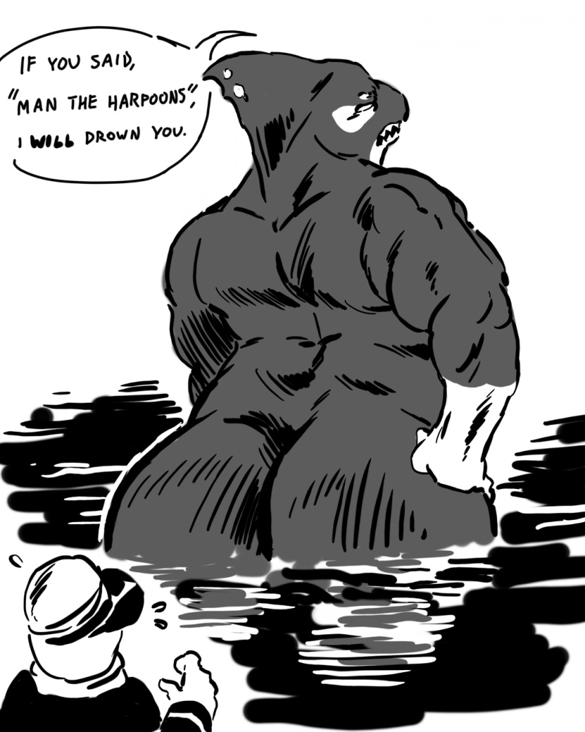 2023 angry anonymous_artist anthro anthro_focus big_butt biped black_and_white bold_text butt cetacean clothed clothed/nude clothed_human clothed_human_nude_anthro clothed_male clothed_male_nude_female clothing countershade_face countershade_hands countershading dc_comics dialogue digital_drawing_(artwork) digital_media_(artwork) dolphin duo empty_eyes english_text faceless_character faceless_human faceless_male female female_focus fin fingers hand_on_hip hand_on_own_hip hat headgear headwear hi_res human humanoid_hands larger_anthro larger_female looking_at_another looking_back male mammal marine monochrome muscular muscular_anthro muscular_arms muscular_female nude nude_anthro nude_female oceanic_dolphin orca orca_(dc) partially_submerged sailor sharp_teeth size_difference sketch smaller_human smaller_male solo_focus speech_bubble standing standing_in_water surprise teeth text text_emphasis toothed_whale water