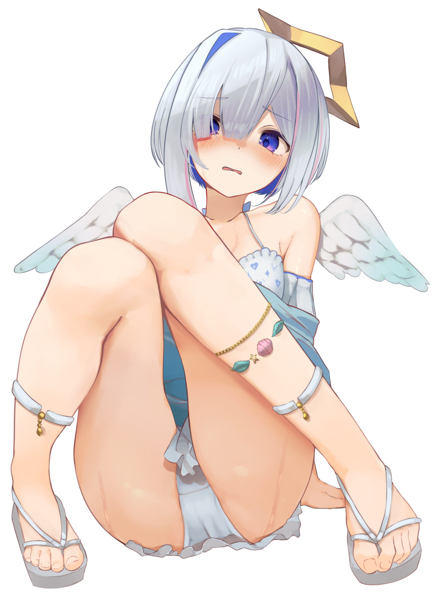 1girl absurdres amane_kanata anklet arm_support armpit_crease arms_behind_back ass asymmetrical_hair bikini bikini_skirt blue_eyes blue_hair blush breasts buket_pudding_i collarbone colored_inner_hair commentary_request embarrassed feathered_wings feet frilled_bikini frills full_body grey_bikini grey_footwear grey_hair hair_over_one_eye highres hololive jewelry knees_together_feet_apart knees_up legs looking_at_viewer medium_hair multicolored_hair off_shoulder official_alternate_costume pink_hair sandals shiny_skin simple_background small_breasts solo streaked_hair sweatdrop swimsuit thighs toenails toes virtual_youtuber white_background wings