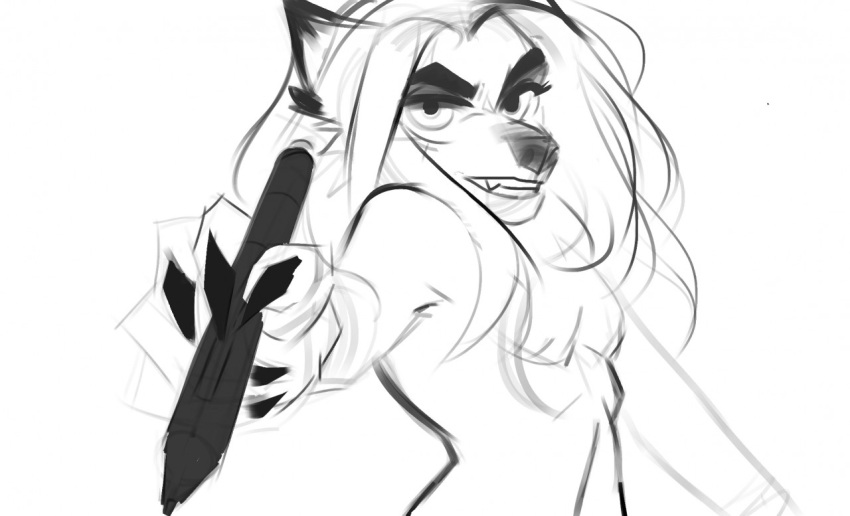 anthro breasts canid claws ears_back eyelashes fangs featureless_breasts female finger_claws hair half-length_portrait holding_tablet_pen long_hair looking_at_viewer mammal monochrome pivoted_ears portrait sharp_claws simple_background small_breasts solo tablet_pen teeth unknowhiter