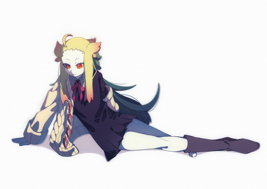 1girl absurdres ahoge black_dress cardigan dress gradient_hair green_hair highres kupala_(sekaiju) long_hair long_sleeves lying multicolored_hair neck_ribbon on_side open_cardigan open_clothes pink_hair red_eyes red_ribbon rgbjt ribbon sekaiju_no_meikyuu shin_sekaiju_no_meikyuu short_dress simple_background solo white_background