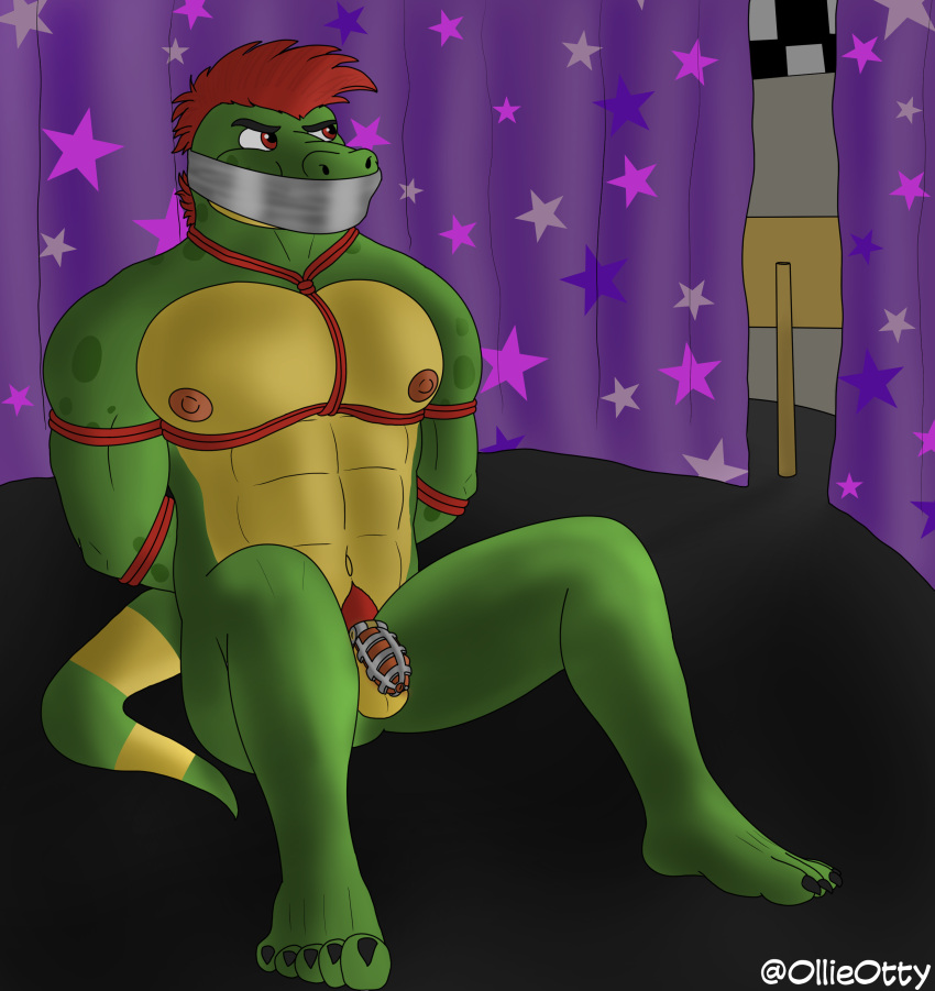 abs absurd_res alligator alligatorid anthro bdsm bondage bound captured chastity_cage chastity_device claws crocodilian five_nights_at_freddy's five_nights_at_freddy's:_security_breach gag hi_res male montgomery_gator_(fnaf) muscular nipples nude ollieotty pecs reptile restraints rope rope_bondage rope_harness scalie scottgames solo tape tape_gag