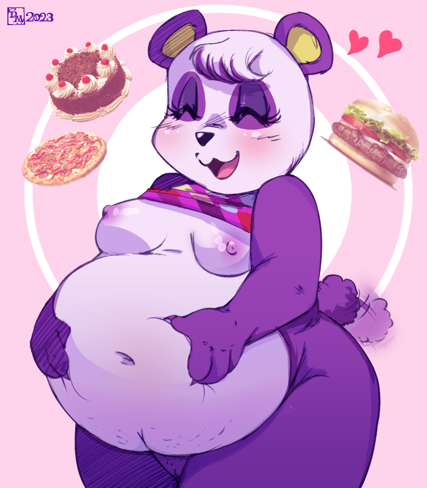 &lt;3 2023 animal_crossing anthro areola bear belly big_belly blush breasts burger cake clothing dessert doronkomajo dress eyelashes eyes_closed female food fur genitals giant_panda hand_on_balls happy hi_res mammal navel nintendo nipples open_mouth open_smile overweight pinky_(animal_crossing) pizza purple_body purple_fur pussy smile solo tail tail_motion tailwag white_body white_fur