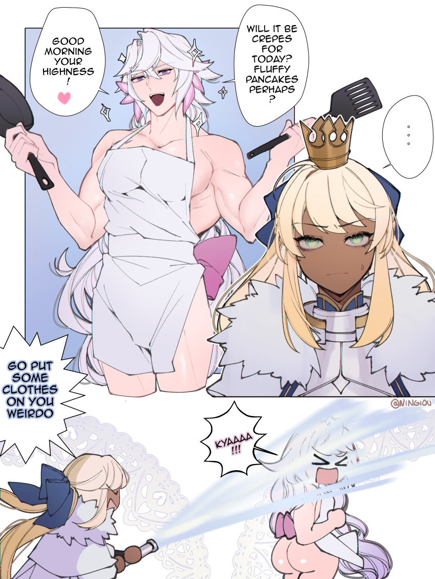 ... 1boy 1girl :| abs absurdres alternate_muscle_size alternate_skin_color annoyed apron armor artoria_caster_(fate) artoria_pendragon_(fate) ass bangs bara blonde_hair blue_bow bow butterfly_hair_ornament closed_mouth coat crown dark-skinned_female dark_skin english_text fate/grand_order fate_(series) fur-trimmed_coat fur_trim furrowed_brow green_eyes hair_bow hair_ornament heart highres holding holding_pan holding_spatula holding_utensil kyou_(ningiou) long_hair merlin muscular muscular_male naked_apron pink_bow ponytail purple_eyes sidelocks signature sparkle spatula spoken_ellipsis spoken_heart sweatdrop talking white_apron white_hair