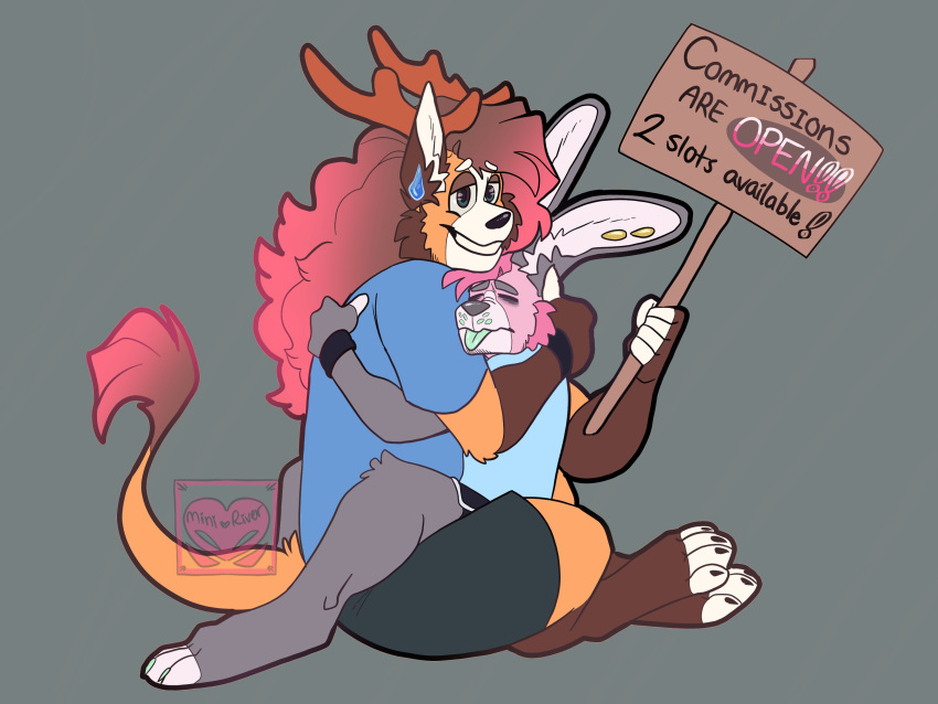 blepping bodily_fluids bracelet commissionsopen cuddling fur hair hi_res holding_object holding_sign jayden_power_(mini_river) jewelry long_hair mini_river multicolored_hair orange_body orange_fur pink_body pink_fur river_bawdy_(mini_river) sign sitting sweat