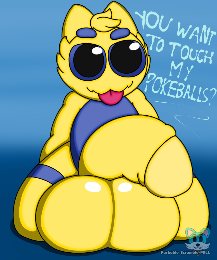 balls_on_floor big_penis blue_eyes dennis_(plushtrapboyuwu) dialogue generation_5_pokemon genitals hi_res joltik looking_at_viewer male nintendo penis pokemon pokemon_(species) purblube_scramble-prll simple_background solo talking_to_viewer text tongue tongue_out yellow_body