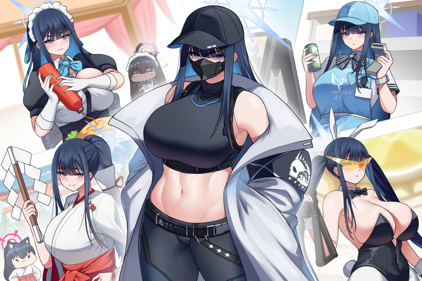 3girls alternate_costume bare_shoulders baseball_cap belt black_belt black_bow black_bowtie black_headwear black_pants black_shirt blue_archive blue_eyes blue_hair blue_headwear bow bowtie breasts cho!cho! cleavage commentary cowboy_shot crop_top enmaided gloves gohei hat highres holding japanese_clothes karin_(blue_archive) large_breasts leggings leotard long_hair looking_at_viewer maid maid_headdress mask midriff miko mouth_mask multiple_girls multiple_views navel off_shoulder pants playboy_bunny revision saori_(blue_archive) serika_(blue_archive) serika_(new_year)_(blue_archive) shirt sidelocks sleeveless sleeveless_shirt standing stomach strapless strapless_leotard very_long_hair white_gloves