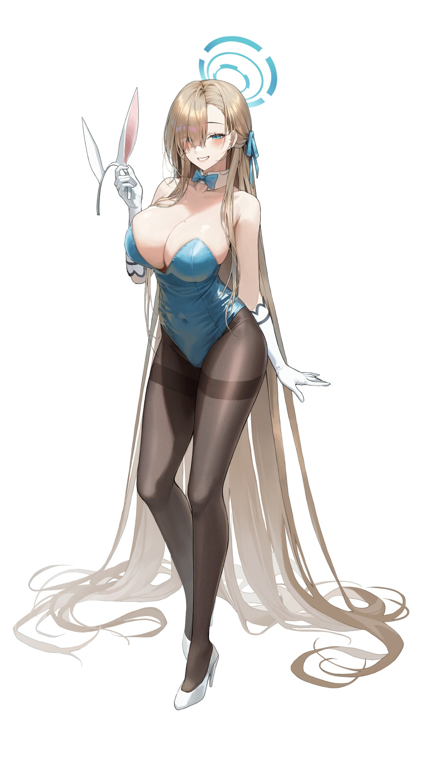 1girl absurdly_long_hair absurdres animal_ears asuna_(blue_archive) asuna_(bunny)_(blue_archive) bare_shoulders blonde_hair blue_archive blue_eyes blue_leotard bow bowtie breasts brown_pantyhose cleavage covered_navel detached_collar eyes_visible_through_hair fake_animal_ears full_body gloves grin hair_over_one_eye hair_ribbon hairband hairband_removed halo hand_up high_heels highleg highleg_leotard highres holding large_breasts legs leotard long_hair looking_at_viewer meoyo mole mole_on_breast official_alternate_costume pantyhose playboy_bunny rabbit_ears ribbon simple_background skindentation smile solo standing strapless strapless_leotard thighband_pantyhose thighs very_long_hair white_background white_footwear white_gloves white_hairband