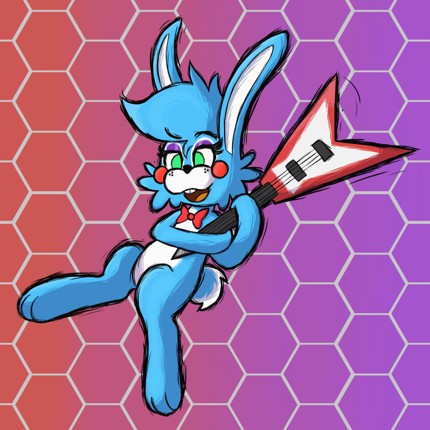 1:1 2022 absurd_res anthro blue_body blue_fur blue_hair blush blush_stickers cheek_tuft digital_drawing_(artwork) digital_media_(artwork) electric_guitar eyelashes eyeshadow facial_tuft five_nights_at_freddy's five_nights_at_freddy's_2 full-length_portrait fur girly gradient_background green_eyes guitar hair hexagon hi_res lagomorph leporid long_ears makeup male male_(lore) mammal mrneo multicolored_body multicolored_fur musical_instrument no_pupils open_mouth plucked_string_instrument portrait pose purple_eyeshadow rabbit red_bow_tie scottgames scut_tail short_tail simple_background solo string_instrument style_emulation tail toy_bonnie_(fnaf) tuft two_tone_body two_tone_fur white_body white_fur white_inner_ear