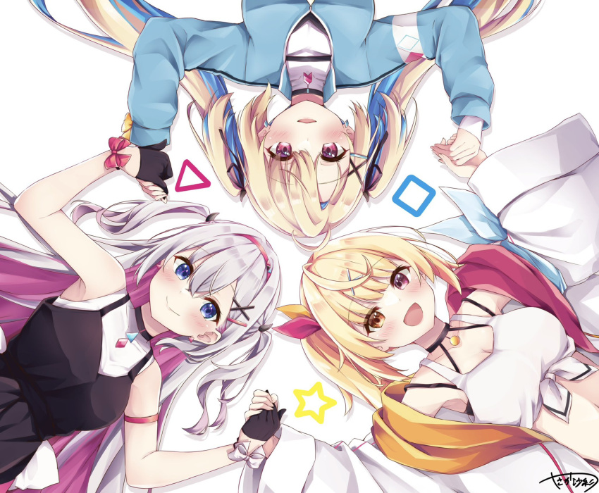 3girls :d arm_strap avatar_2.0_project bangs bare_arms bare_shoulders black_choker black_dress black_gloves black_ribbon blonde_hair blue_eyes blue_hair blue_jacket blush bow breasts choker circle_formation closed_mouth collarbone colored_inner_hair demon_horns dress front-tie_top gloves hair_between_eyes hair_ornament hair_ribbon hairband hairclip heterochromia highres holding_hands horns hoshikawa_sara jacket long_hair long_sleeves looking_at_viewer lying medium_breasts medium_hair midriff minase_shia multicolored_hair multiple_girls musubime_yui nijisanji on_back open_mouth orange_eyes orange_ribbon parted_bangs pink_bow pink_eyes pink_hair pink_hairband pink_ribbon red_eyes ribbon shirt side_ponytail signature sleeveless sleeveless_dress smile square star_(symbol) tank_top triangle twintails two-tone_hair two_side_up upper_body virtual_youtuber white_bow white_hair white_shirt white_tank_top yasaka_(astray_l) yellow_bow