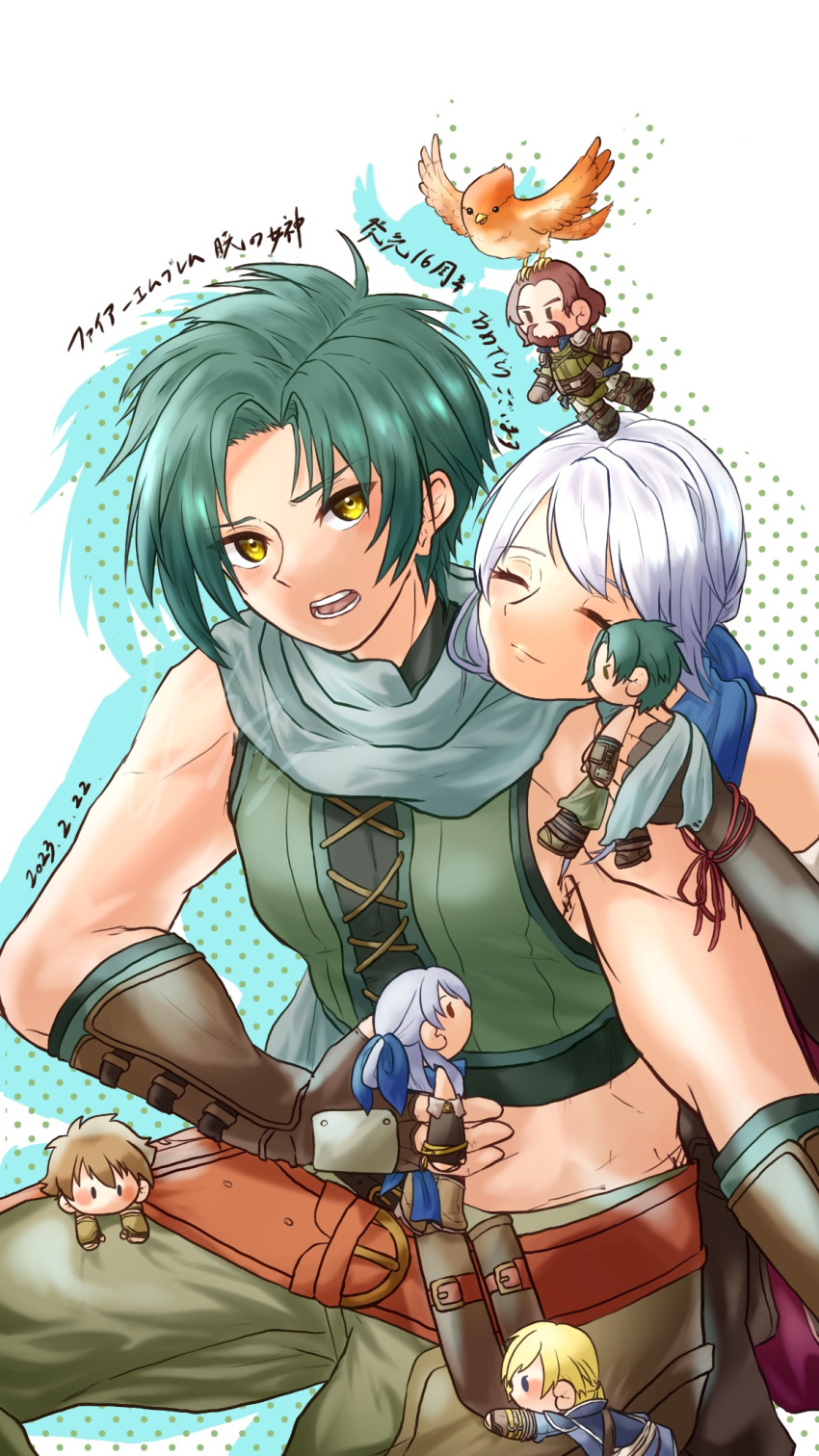 1boy 1girl anniversary bare_shoulders belt bird black_gloves blue_scarf character_doll closed_eyes edward_(fire_emblem) elbow_gloves fingerless_gloves fire_emblem fire_emblem:_radiant_dawn gloves green_hair grey_hair hair_ribbon highres leonardo_(fire_emblem) long_hair micaiah_(fire_emblem) midriff nolan_(fire_emblem) pants ribbon scarf sifil_amfr smile sothe_(fire_emblem) translation_request white_scarf yellow_eyes yune_(fire_emblem)