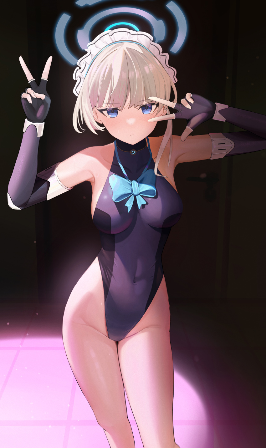 1girl absurdres armpits bangs bare_shoulders black_gloves blonde_hair blue_archive blue_bow blue_bowtie blue_eyes blunt_bangs bow bowtie breasts covered_navel double_v elbow_gloves fingerless_gloves gloves groin halo highleg highres kirikawa leotard looking_at_viewer maid_headdress medium_breasts revision short_hair solo toki_(blue_archive) v