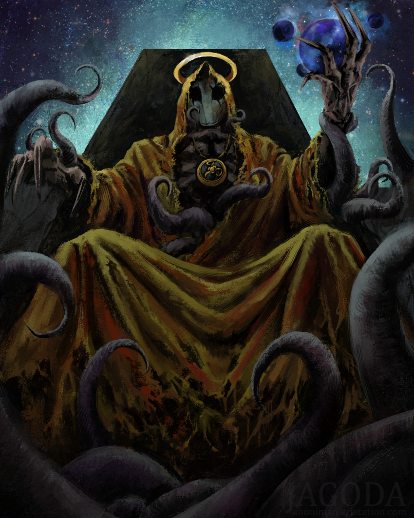 1other artist_name artstation_username claws colored_skin commentary cthulhu_mythos eldritch_abomination english_commentary from_below grey_skin halo hand_up hastur highres hollow_eyes hood hood_up hooded_robe jakub_jagoda jewelry long_sleeves necklace orb robe sitting solo space star_(sky) tentacles throne torn_clothes torn_robe watermark web_address yellow_robe yellow_sign