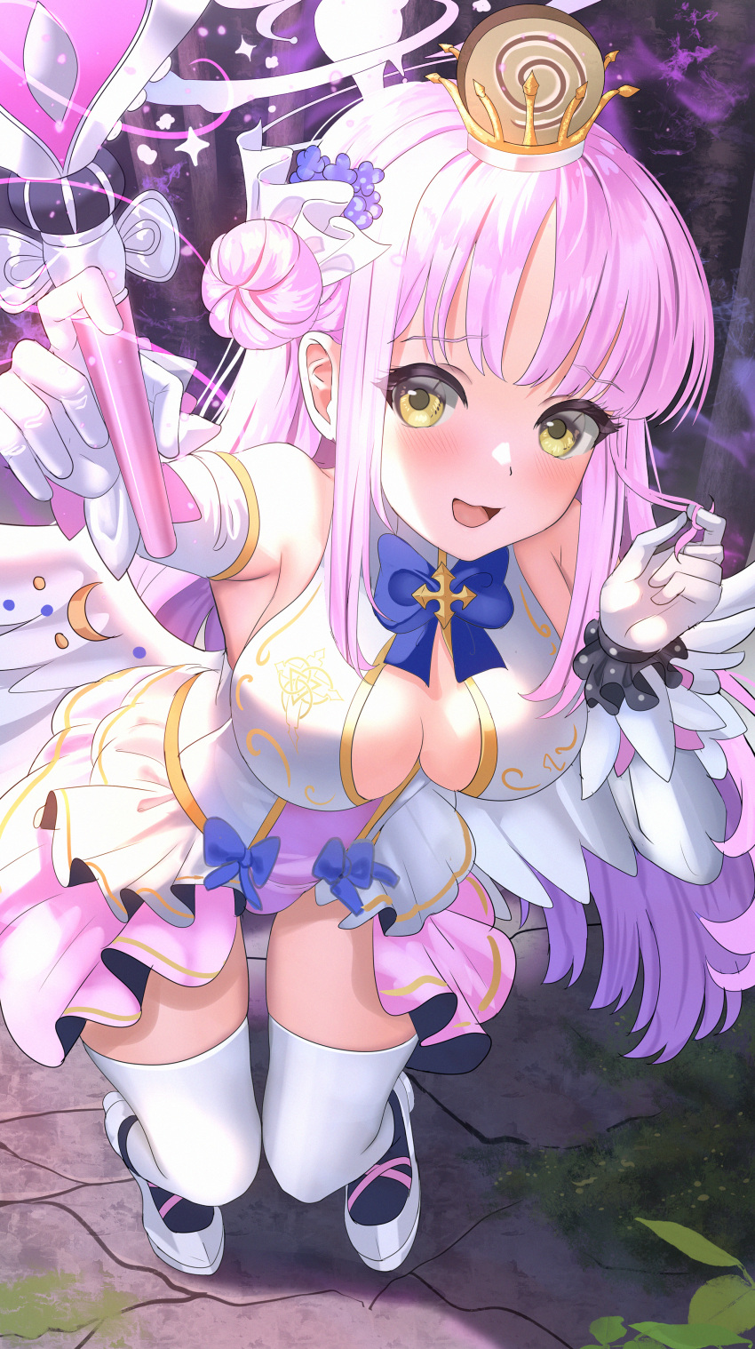 1girl :d absurdres adapted_costume alternate_costume angel_wings bangs blue_archive breasts cleavage commentary_request crown elbow_gloves feathered_wings frilled_skirt frills from_above gloves hair_bun hair_ornament halo highres holding holding_wand knees_together_feet_apart large_breasts long_hair looking_at_viewer magical_girl mika_(blue_archive) mini_crown one_side_up pantyhose pink_hair scrunchie sidelocks single_side_bun skirt sleeveless smile solo sysen thighhighs wand white_gloves white_pantyhose white_thighhighs white_wings wings wrist_scrunchie yellow_eyes