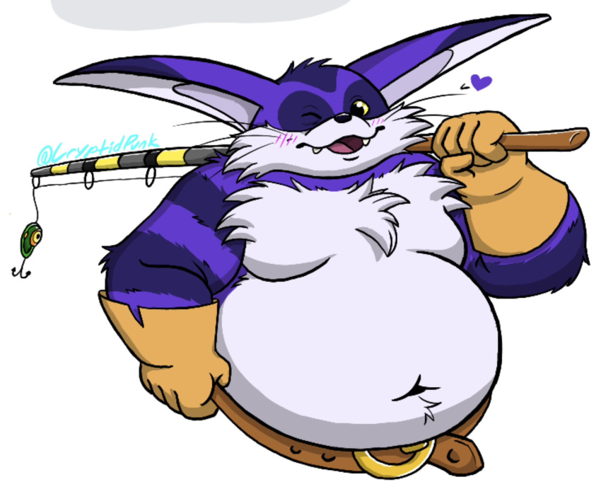 anthro belly belt big_the_cat blush bust_portrait clothing cryptidpunk cute_fangs domestic_cat felid feline felis fishing_rod flirting fur gloves handwear hi_res male mammal navel one_eye_closed overweight portrait purple_body purple_fur sega simple_background solo sonic_the_hedgehog_(series) white_background wink yellow_eyes