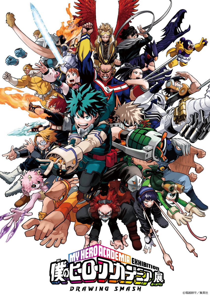 6+boys 6+girls afro all_might animal_head ankle_boots aoyama_yuuga arm_up arms_behind_head ashido_mina asui_tsuyu audio_jack baggy_pants bakugou_katsuki bangs bare_shoulders belt belt_pouch black_eyes black_gloves black_hair black_jacket black_mask black_outline black_pants black_sclera black_shirt black_tank_top black_wristband blank_eyes blonde_hair blue_eyes blue_footwear blue_gloves blunt_bangs bodysuit boku_no_hero_academia boots bright_pupils brown_eyes brown_hair burn_scar cape clenched_hand clenched_hands closed_mouth colored_sclera colored_shoe_soles colored_skin copyright copyright_name covered_face cropped_vest crossed_arms cryokinesis curly_hair dark_shadow detached_sleeves diffraction_spikes domino_mask dough endeavor_(boku_no_hero_academia) energy_beam eraser_head_(boku_no_hero_academia) everyone exhaust_pipe extra_arms eye_mask eyepatch eyewear_on_head facial_hair facial_mark feathered_wings finger_gun fingerless_gloves fire floating_hair foreground_text forked_eyebrows freckles fur-tipped_tail fur-trimmed_jacket fur-trimmed_vest fur_trim gloves goggles green_bodysuit green_eyes green_gloves green_hair grey_hair grin hagakure_tooru hair_between_eyes hair_strand hands_in_pockets hands_on_floor hands_on_ground hands_up hawks_(boku_no_hero_academia) headgear headphones high_ponytail highres horikoshi_kouhei horns ice iida_tenya invisible jacket jirou_kyouka kaminari_denki kirishima_eijirou knee_pads knees_up kouda_kouji leaning_forward long_bangs long_earlobes long_hair long_scarf long_sleeves long_tongue looking_ahead looking_at_viewer looking_back looking_to_the_side low-tied_long_hair mask medium_hair midair midoriya_izuku mineta_minoru multicolored_hair multiple_boys multiple_girls muscular muscular_male official_art ojiro_mashirao orange_gloves outline outstretched_arm outstretched_arms pants parted_lips pink_hair pink_skin pouch profile purple_hair pyrokinesis red-tinted_eyewear red_belt red_eyes red_footwear red_hair red_wings round_teeth sanpaku satou_rikidou scar scar_across_eye scar_on_face scarf semi-rimless_eyewear serious sero_hanta sharp_teeth shirt shoe_soles short_eyebrows short_hair shouji_mezou sidelocks sideways_mouth simple_background skin_tight sleeveless sleeves_past_elbows smile spiked_hair split-color_hair spoilers streaked_hair stubble tank_top teeth thick_eyebrows thick_lips tinted_eyewear todoroki_shouto tokoyami_fumikage tongue tongue_out triangle two-tone_footwear two-tone_gloves two-tone_hair unitard uraraka_ochako utility_belt v-shaped_eyebrows very_long_tongue vest white_background white_belt white_gloves white_hair white_mask white_pupils white_scarf wings yaoyorozu_momo yellow_bodysuit yellow_cape yellow_eyes yellow_footwear yellow_gloves yellow_jacket yellow_vest