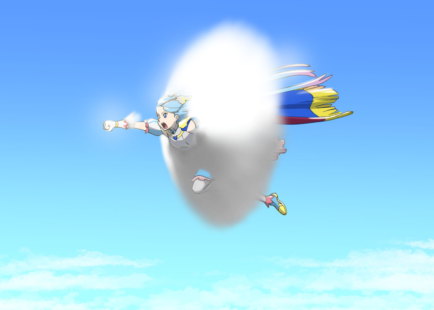 1girl above_clouds bangs blue_cape blue_dress blue_eyes blue_footwear blue_hair blue_sky boots cape clenched_hand clothing_cutout cloud commentary cure_sky day dress flying fringe_trim highres hirogaru_sky!_precure long_hair looking_to_the_side magical_girl medium_dress open_mouth outdoors precure short_sleeves shoulder_cutout sky solo sonic_boom sora_harewataru thighhighs ueyama_michirou white_thighhighs