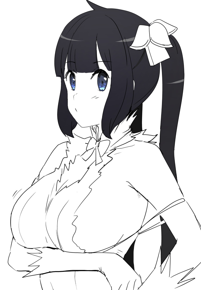 1girl bangs bare_shoulders black_hair bow bowtie breasts closed_mouth dress dungeon_ni_deai_wo_motomeru_no_wa_machigatteiru_darou_ka from_side gloves h2o_(ddks2923) hair_ornament hestia_(danmachi) highres large_breasts long_hair looking_at_viewer monochrome off_shoulder purple_eyes solo spot_color torn_clothes torn_dress twintails upper_body