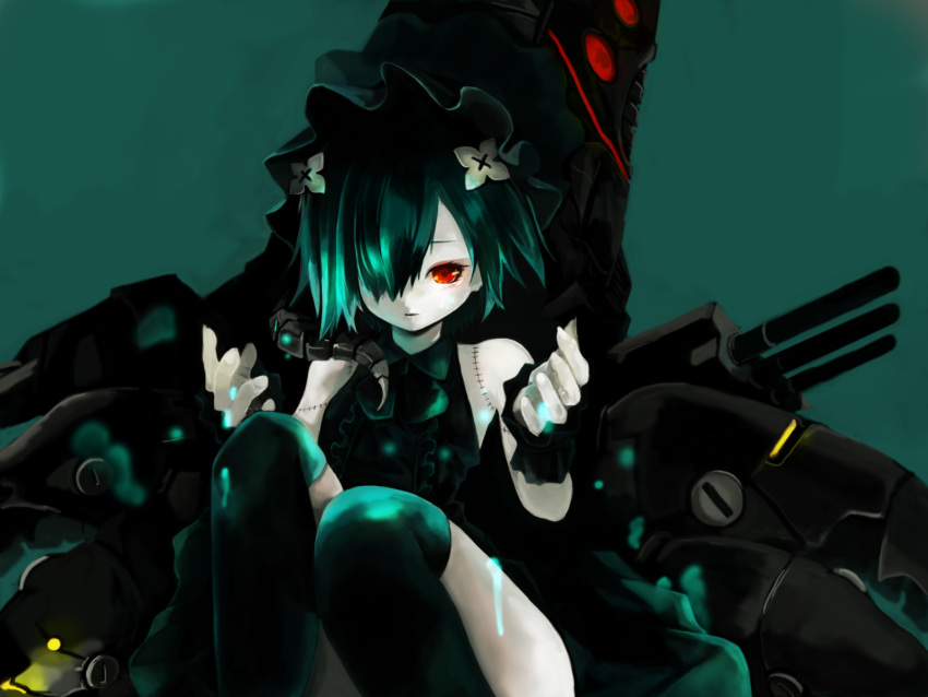 1girl adapted_turret black_dress black_hair black_scrunchie black_surge_night black_thighhighs black_veil colored_skin commentary_request dark_green_hair dress hair_ornament hair_over_one_eye highres luetzow_(black_surge_night) mechanical_tentacles parted_lips red_eyes rigging scrunchie sleeveless sleeveless_dress stitched_arm stitches thighhighs white_skin wvkg2778