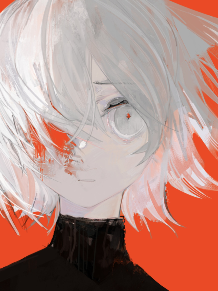 1girl bangs black_shirt blood blood_on_face floating_hair furrowed_brow hair_over_one_eye highres light_frown looking_at_viewer orange_background orange_blood orange_pupils original pale_skin parted_lips portrait saniiiwan shirt simple_background solo turtleneck white_eyes white_hair