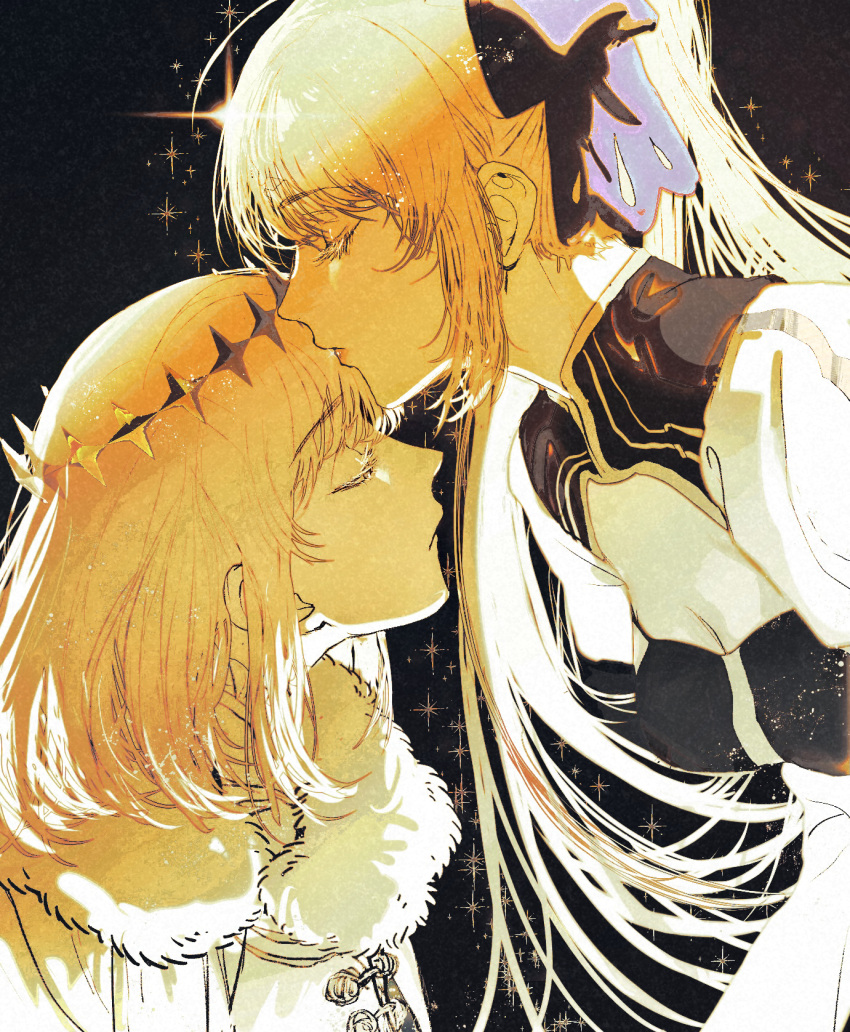 1boy 1girl ahoge artoria_caster_(fate) artoria_caster_(third_ascension)_(fate) artoria_pendragon_(fate) bangs black_background blonde_hair bow breasts buttons closed_eyes closed_mouth collar crown decollete dress f3000_kiara fate/grand_order fate_(series) fur_trim hair_between_eyes hair_bow highres kiss long_hair medium_breasts multicolored_clothes multicolored_dress oberon_(fate) ornament rhombus robe short_hair star_(symbol) twintails white_fur white_hair white_robe