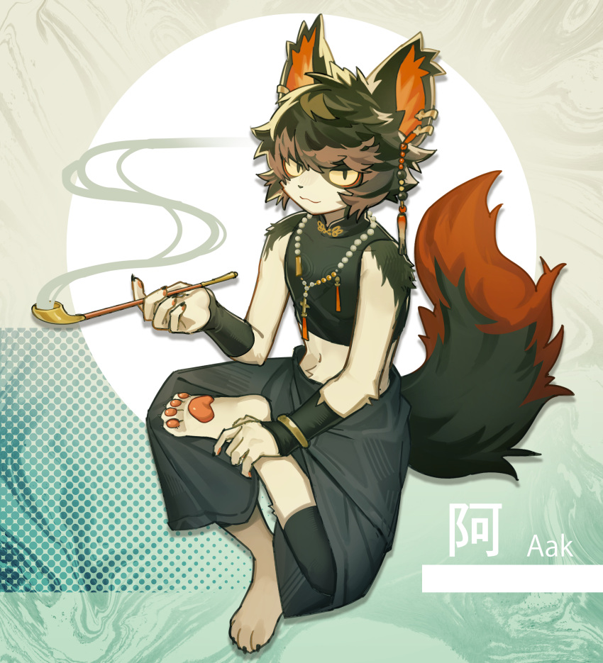 2023 5_fingers aak_(arknights) absurd_res anthro arknights black_body black_clothing black_fur black_hair clothing domestic_cat ear_piercing felid feline felis fingers fur hair hi_res holding_pipe hypergryph jewelry kuromu looking_at_viewer male mammal orange_body orange_fur pawpads piercing smoking smoking_pipe solo studio_montagne white_body white_fur