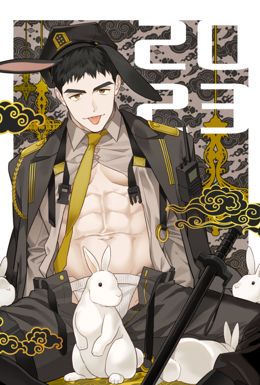 1boy :p abs animal_ears bara black_hair chinese_zodiac clothes_lift convenient_censoring costume_request ear_down feet_out_of_frame highres looking_at_viewer male_focus male_underwear min_(bellta) open_pants original pants rabbit rabbit_boy rabbit_ears seductive_smile shirt_lift short_hair smile solo spread_legs stomach thick_eyebrows toned toned_male tongue tongue_out underpec underwear white_male_underwear year_of_the_rabbit