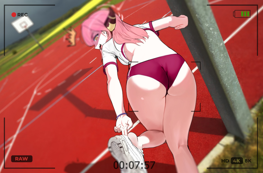 1girl ^^^ absurdres adjusting_clothes adjusting_shoe aru_(blue_archive) ass battery_indicator bent_over blue_archive blush buruma crop_top from_behind gym_uniform highres horns long_hair looking_at_viewer looking_back mr_tangsuyuk open_mouth outdoors photo_background pink_hair recording shoes simple_background sneakers solo standing standing_on_one_leg surprised thighs viewfinder white_background white_footwear yellow_eyes