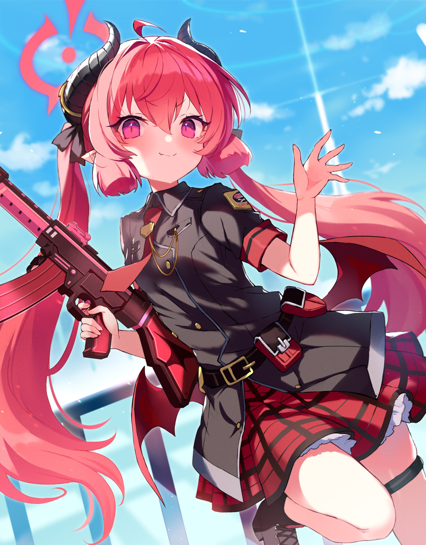 abusoru belt belt_bag blue_archive boots cloud commentary hair_between_eyes halo highres horns junko_(blue_archive) leg_up long_hair looking_at_viewer military military_uniform red_eyes red_hair sky twintails uniform weapon wings