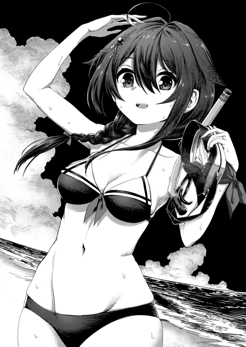 1girl adapted_costume ahoge beach braid cloud commentary_request cowboy_shot diving_mask goggles gouta_(nagishiro6624) greyscale hair_flaps hair_over_shoulder highres horizon kantai_collection monochrome ocean outdoors shigure_(kancolle) shigure_kai_ni_(kancolle) single_braid sky snorkel solo