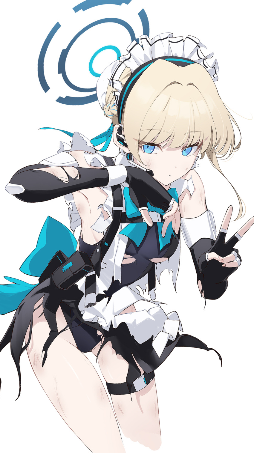 1girl apron back_bow bare_legs black_gloves blonde_hair blue_archive blue_bow blue_bowtie blue_eyes bow bowtie chest_harness closed_mouth dice_gt earpiece fingerless_gloves gloves halo harness highres leotard looking_at_viewer maid_headdress short_hair simple_background solo thigh_strap toki_(blue_archive) torn_apron torn_clothes torn_leotard v white_background