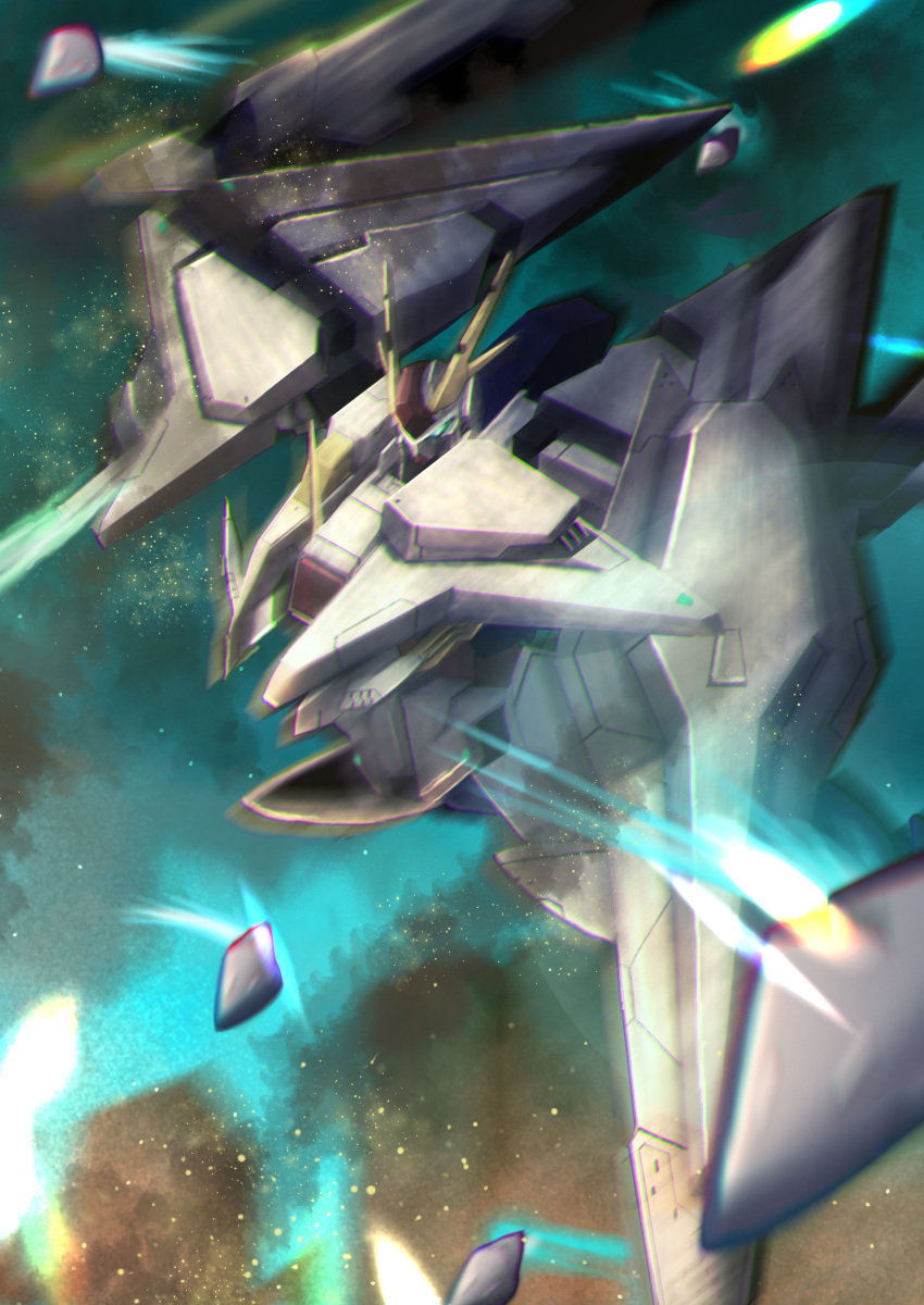 absurdres beam_saber commentary energy_sword exhaust flying funnels_(gundam) green_eyes gundam gundam_hathaway's_flash highres holding holding_sword holding_weapon light_particles mecha missile mobile_suit no_humans propro13 robot shield solo sword v-fin weapon xi_gundam